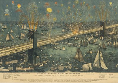 Pohled z ptačí perspektivy na Velký New York a Brooklynský most a velkolepá přehlídka ohňostrojů ..., 1883. od Unbekannt