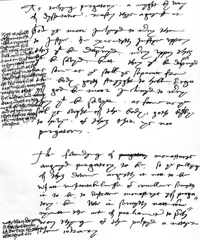 Argumenty biskupa Latimera proti katolické doktríně očistce s okrajovými poznámkami krále Jindřicha VIII., kolem roku 1538 (pero a inkoust na papíře) od Unbekannt