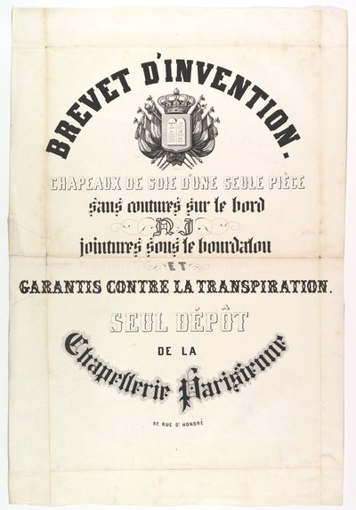 Patent. Jednodílné hedvábné klobouky..., 19. století. od Unbekannt