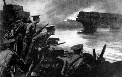 Britští vojáci na břehu řeky připraveni na německý postup, Belgie, první světová válka, 1914 od Unbekannt