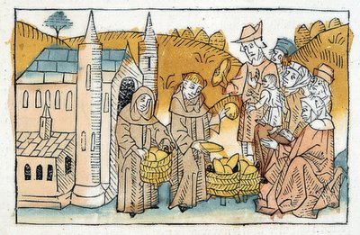 Rozdávání chleba chudým bratřími v klášteře. Kolem roku 1477 od Unbekannt