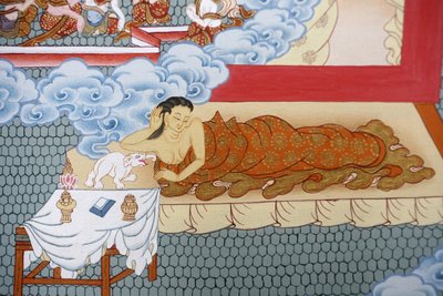 Buddhova matka sní o bílém slonovi. Thangka, Bhaktapur, Nepál od Unbekannt