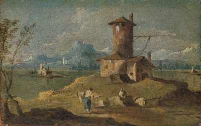 Capriccio s ostrovem, věží a domy, 18. století. od Unbekannt