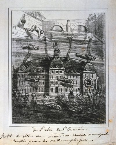 Kreslený návrh na přestavbu Hotel de Ville pod vodou, aby se zabránilo požáru, Pařížská komuna, 1871. od Unbekannt