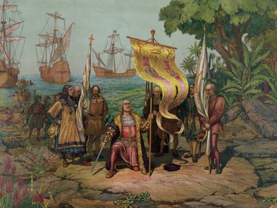 Kryštof Kolumbus (1451 - 1506) prohlašující „Nový svět“ pro Španělsko (litografie) od Unbekannt