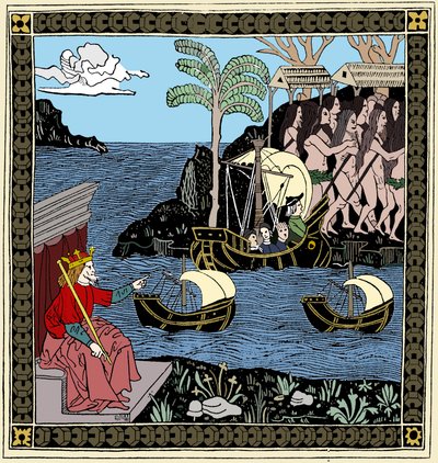 Christopher Columbus Discovering America, dřevoryt, 1493 od Unbekannt