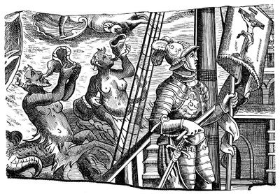 Christopher Columbus během své cesty do Ameriky, Engraving, c1500 od Unbekannt