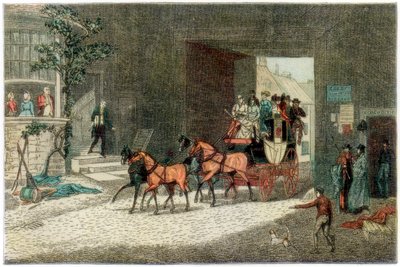 Trenér přijíždějící na dvůr hostince, 1890 od Unbekannt