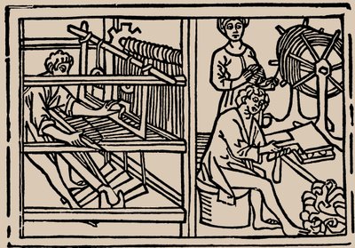 Česání, předení a tkaní vlny. Ze Speculum Vitae Humanae od Rodericus Zamorensis, 1479. od Unbekannt