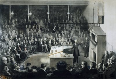 Konference lékaře Michaela Faradaye (1791-1867) devant la Royal Institution de Londres dne 27. prosince 1855 za přítomnosti prince Alberta de Saxe Cobourg Gotha (Saxe-Cobourg-Gotha od Unbekannt