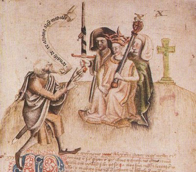 Korunovace krále Alexandra III na Moot Hill, Scone. Z rukopisu Scotichronicon od Walte od Unbekannt