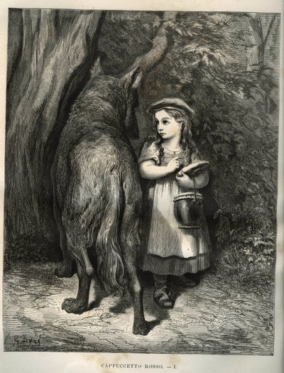 Při přechodu přes les se červená karkulka setká s vlkem. Rytina od Gustava Dore (1832-1883) z „“Les contes““ od Charlese Perraulta (1628-1703) od Unbekannt