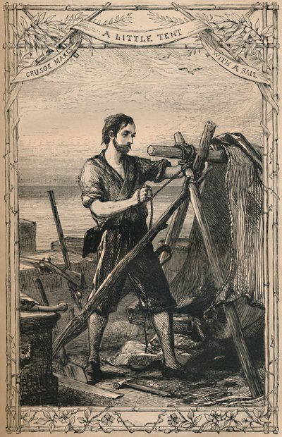 Crusoe dělá malý stan s plachtou, c1870 od Unbekannt