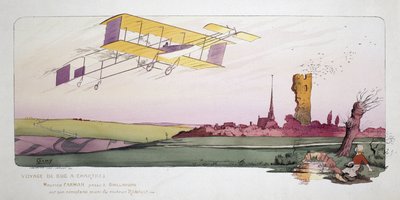 Začátek letectví: Maurice Farman (1878-1964) ve svém dvouplošníku vybaveném motorem Renault během závodu „Voyage de Bac a Chartres“, kolem roku 1910 od Unbekannt