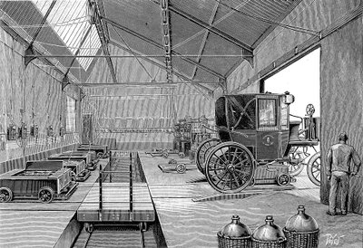 Depo, kde byly elektricky poháněné pařížské kabiny vybaveny čerstvě nabitými bateriemi, 1899 od Unbekannt