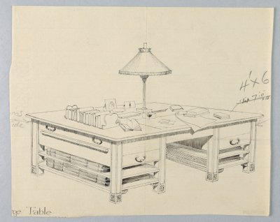 Design pro masivní knihovní úložný stůl se dvěma otevřenými policemi na obou stranách, 1900–05 od Unbekannt