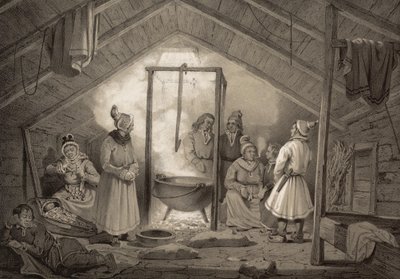 Interiér statku ve Finnmarku. Ilustrace převzata z knihy Norsko vyrobené v Drawings od Asbjørnsen, P.Chr. a vydal Chr. Tønsberg (č. 1848) Nedělně oblečená Sami v obývacím pokoji. «Dřevěné chatrče (...) se vyskytují jen výjimečně, v Sölapperne od Unbekannt