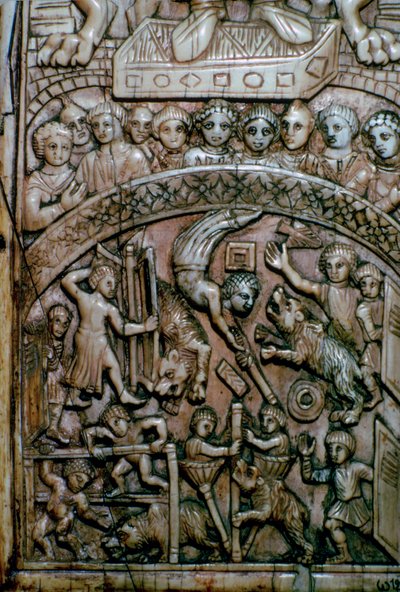 Detail listu byzantského diptychu ze slonoviny zobrazující muže a medvědy v cirkuse. od Unbekannt