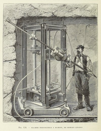 Diamond Drilling Machine navrhl Georges Leschot, pub. 1883 rytina, 1883. od Unbekannt