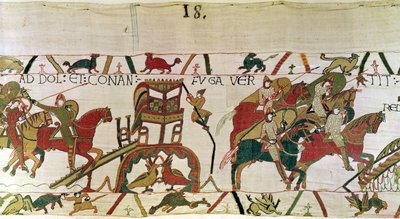 Vévoda Conan prchá z Dolu s pronásledovanými rytíři vévody Williama, Bayeux Tapestry (vlněná výšivka na plátně) od Unbekannt