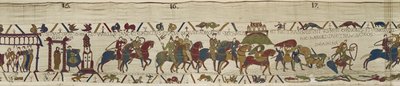 Vévoda William vede svou armádu do Bretaně, kde Harold statečně vyprošťuje vojáky z tekutého písku, Bayeux Tapestry (vlněná výšivka na plátně) od Unbekannt