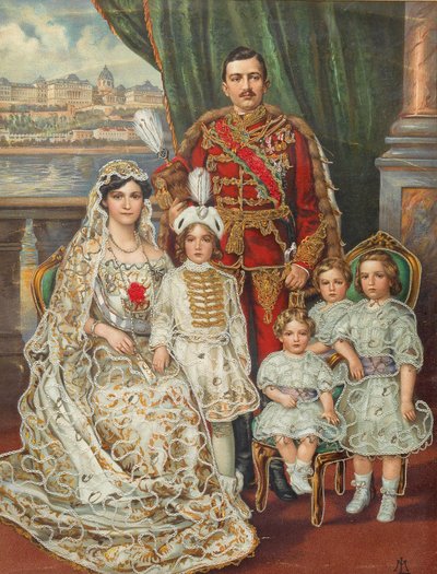 Rakouský císař Karel I. s manželkou Zitou, korunním princem Ottou a třemi dalšími dětmi, c. od Unbekannt