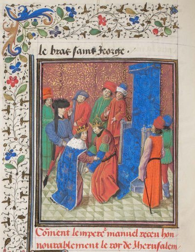 Císař Manuel I. Komnenos se setkává s jeruzalémským králem Amalrichem I. Miniatura z Historia od Viléma z Tyru, 60. léta 14. století od Unbekannt