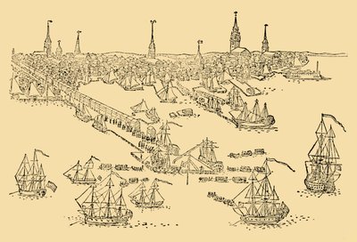 Anglické válečné lodě v Bostonu, kde se konala čajová párty v roce 1768, c1930. od Unbekannt