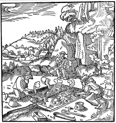 Odpařovací nádoby se solankou v přírodním horkém prameni za účelem získání soli, 1556 od Unbekannt