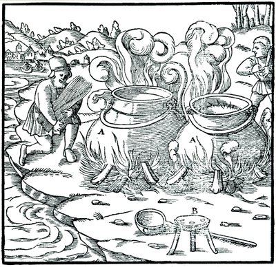 Odpařování mořské vody v železných nádobách k získání soli, 1556 od Unbekannt