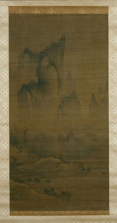 Večerní zvon z chrámu zahaleného mlhou, podzimní měsíc nad jezerem Dongting vpravo, ca. 1450-1500. od Unbekannt