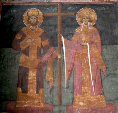 Povýšení kříže. Svatí Konstantin Veliký a Helena, asi 1350 od Unbekannt