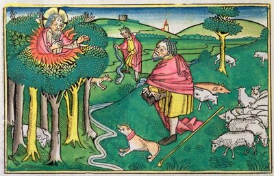 Exodus 3:1-22 a 4:1-4: hořící keř a Bůh vyzbrojující Mojžíše zázračnou holí od Unbekannt