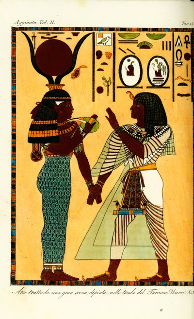 Postava egyptské bohyně Hathor s králem Setim I. z jeho hrobky v Thébách, kterou objevil Giovanni Battista Belzoni od Unbekannt
