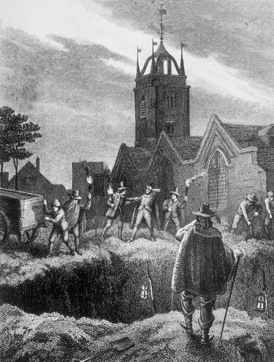 Naplňování hromadného hrobu v noci během moru v Londýně, c1665 od Unbekannt