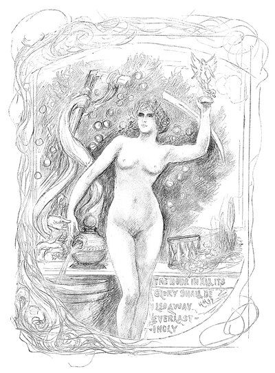 První skica pro smalt Hodina v celé své slávě bude navždy odvedena, 1899 od Unbekannt