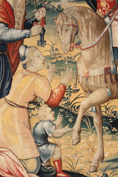 Vlámský gobelín. Seriál Historie Hannibala. Hannibal v Itálii (Aníbal en Italia). Třetí tapisérie ze zachovaných. Modelky Anonymní mistr Nizozemska. Výrobní dílny v Bruselu. Ca 1570. Látka Vlna a hedvábí. 6,5/7 osnovy na cm. Velikost od Unbekannt
