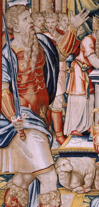 Vlámský gobelín. Seriál Historie Hannibala. Hannibalova přísaha (Juramento de Aníbal). První tapisérie v sérii. Karikatury anonymní mistr Nizozemska. Výrobní dílny v Bruselu. Cca 1570. Látka Vlna a hedvábí, 6,5/7 osnovy na cm. Velikost 34 od Unbekannt