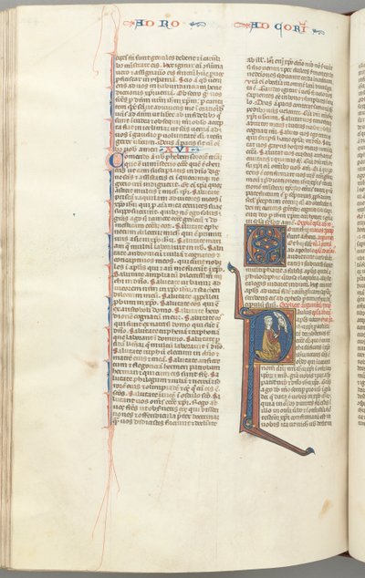 Fol. 440v, Korinťanům I., historická iniciála P, Pavel klečící a mluvící s bustou Boží nahoře, c. od Unbekannt