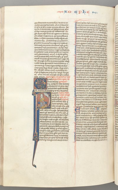 Fol. 450v, Efezským, historická iniciála P, Pavel sedící s mečem, poprsí Boží nahoře, c. 127 od Unbekannt