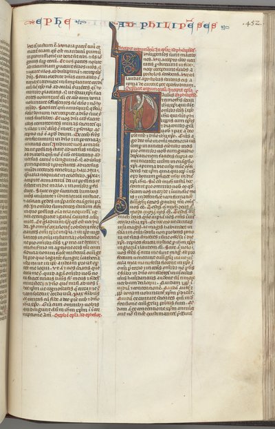 Fol. 452r, Filipským, historická iniciála P, Pavel stojící s mečem a svitkem, mluví k t od Unbekannt
