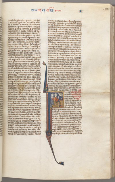 Fol. 98r, Kings I, historická iniciála F, Elkanah a Hannah klečící před oltářem..., c. 1275-13 od Unbekannt