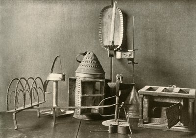 Ohřívač nohou, olejové lampy, svícny, plechová lucerna a toustovač, 18. století, 1937. od Unbekannt