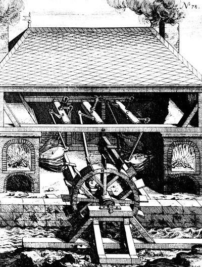 Kovárna s měchem poháněným podstřelovaným vodním kolem přes kliky, 1673 od Unbekannt