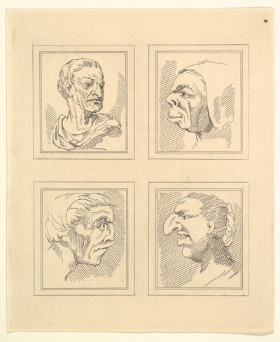 Čtyři hlavy z Characaturas od Leonarda da Vinciho, z kreseb Wincelslause Hollara, o..., 1786. od Unbekannt