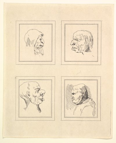 Čtyři hlavy z Characaturas od Leonarda da Vinciho, z kreseb Wincelslause Hollara, o..., 1786. od Unbekannt