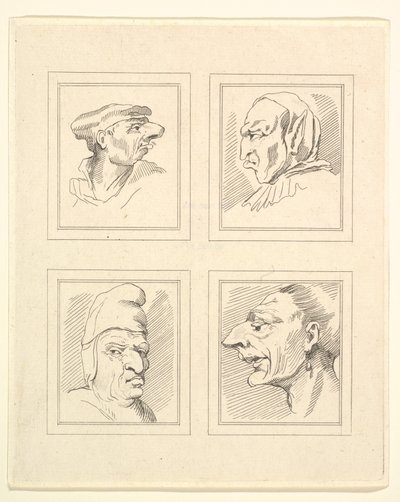 Čtyři hlavy z Characaturas od Leonarda da Vinciho, z kreseb Wincelslause Hollara, o..., 1786. od Unbekannt