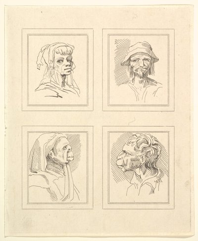 Čtyři hlavy z Characaturas od Leonarda da Vinciho, z kreseb Wincelslause Hollara, o..., 1786. od Unbekannt