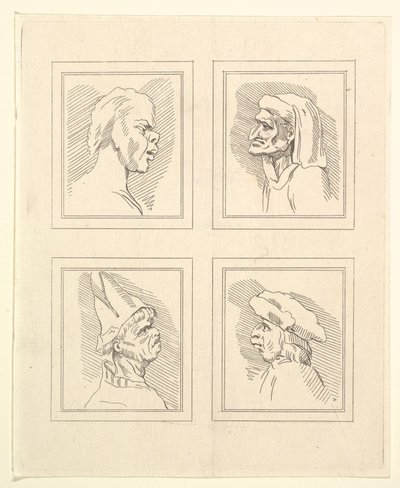 Čtyři hlavy z Characaturas od Leonarda da Vinciho, z kreseb Wincelslause Hollara, o..., 1786. od Unbekannt