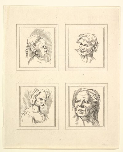 Čtyři hlavy z Characaturas od Leonarda da Vinciho, z kreseb Wincelslause Hollara, o..., 1786. od Unbekannt